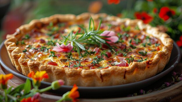 Quiche con fiori ed erbe su un piatto