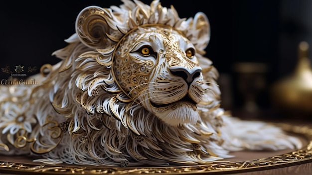 Quilling mistico leone francese con flusso bianco e oro isolato su sfondo nero Sfondo premio premio