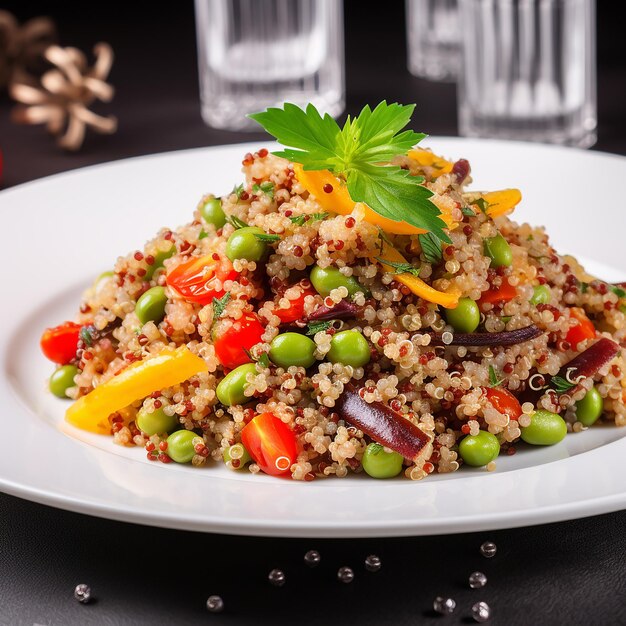 Quinoa con feta e melograno su un piatto