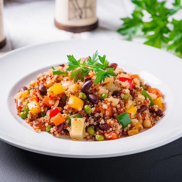 Quinoa con feta e melograno su un piatto