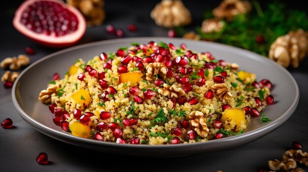 Quinoa con feta e melograno su un piatto