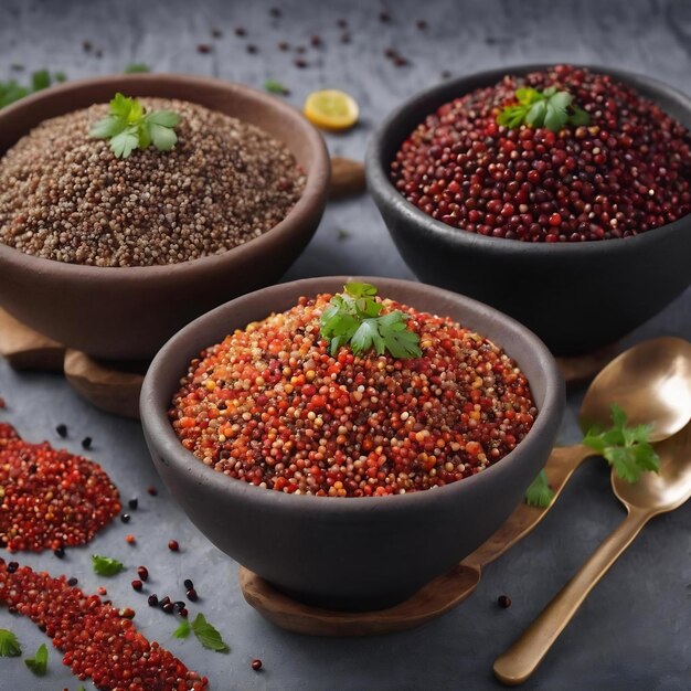 Quinoa rossa, bianca e nera in ciotole di argilla