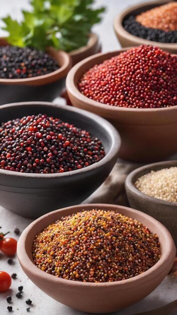 Quinoa rossa, bianca e nera in ciotole di argilla