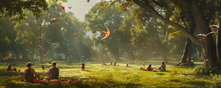 Quintessential Labor Day family picnic in a lush park complemented by fluttering kites and the aroma of barbeque