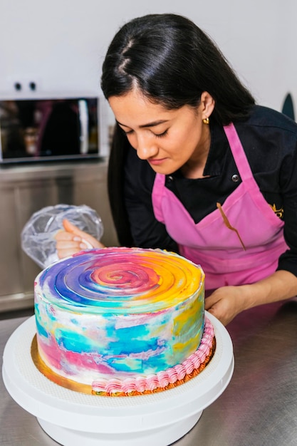 QuotPasticcere che decora una torta colorata con una tasca da pasticcere