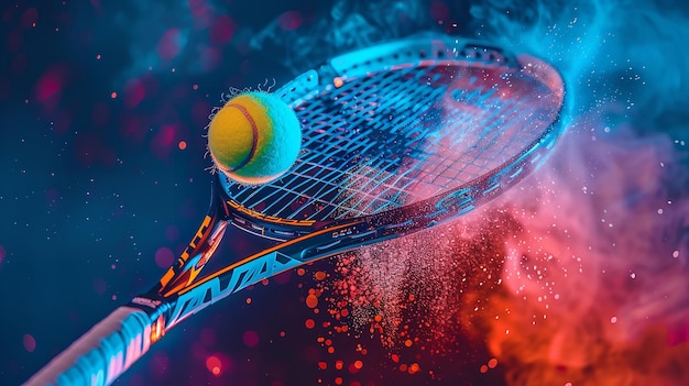 Racchetta da tennis che spruzza polvere colorata in aria mentre colpisce la palla a rallentatore contro uno sfondo scuro e spazio per testo AI generativa