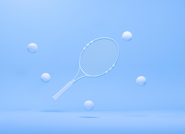 Racchetta da tennis con palline su sfondo blu pastello Rendering 3d alla moda per il fitness