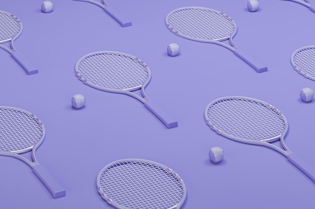 Racchetta da tennis con palline su sfondo viola pastello e corallo Rendering 3d alla moda per il fitness