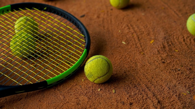 Racchetta da tennis e palline sul terreno arancione in un campo da tennis