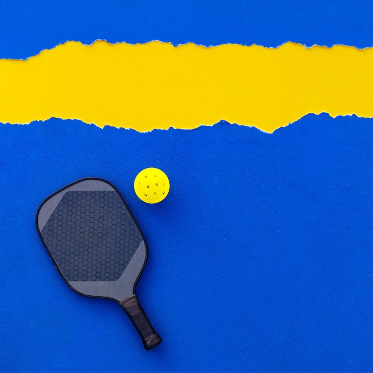 Foto racchetta da tennis pickleball sul campo sfondo blu con spazio di copia campo sportivo e palla modello di social media promozione per eventi di pickleball