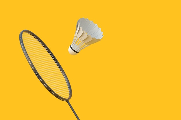 Racchetta di badminton e manico su sfondo giallo illustrazione di rendering 3D