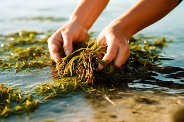 Raccoglie alghe verdi ricche di nutrienti dalla riva del mare abbracciando la tradizione sostenibile del foraggiamento costiero generato da Ai