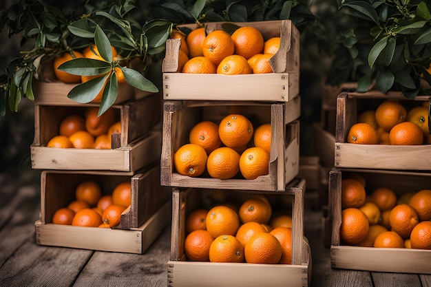 Raccoglienza di arance fresche in scatole marroni Frutta naturale Piatta artificiale organica gustosa e sana