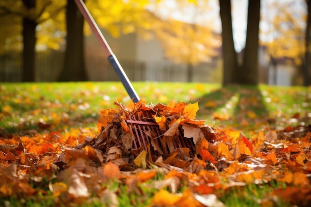 Raccogliere un mucchio di foglie nel parco