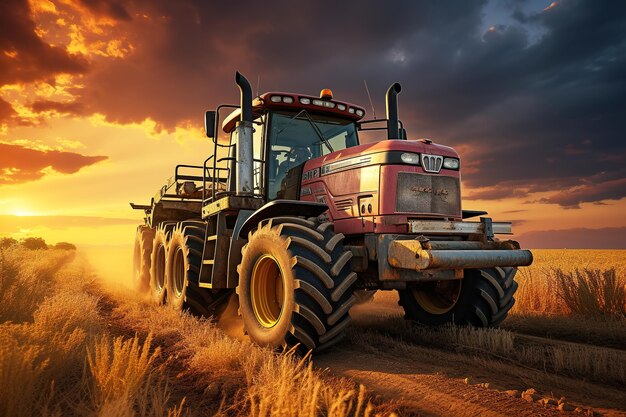 raccoglitore di grano in campagna sotto il tramonto