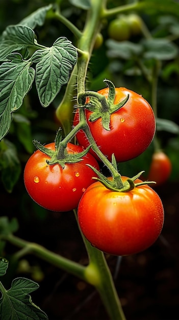 Raccolta biologica Tomati che crescono su un ramo nel giardino Carta da parati mobile verticale