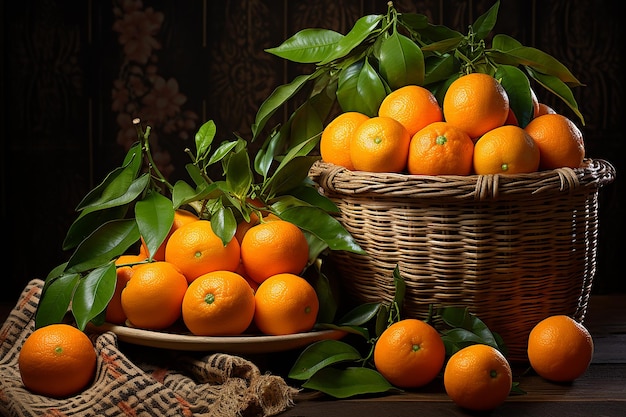 Raccolta dei mandarini Natura morta con mandarini in un cestino