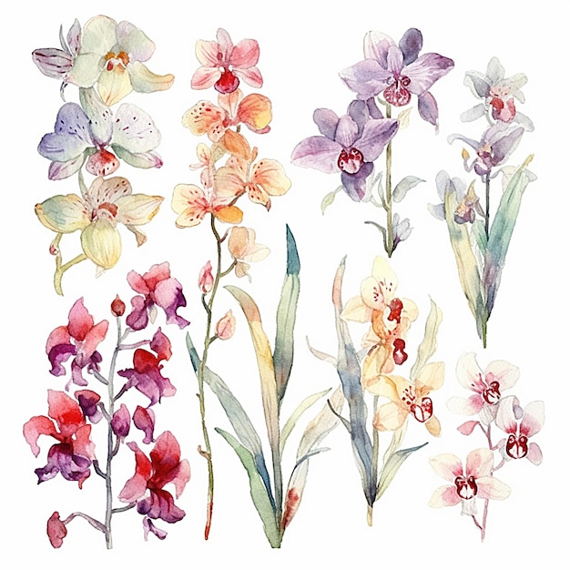 Raccolta dell'orchidea dell'acquerello ogni pianta foglie e fiori