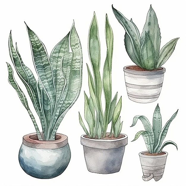 Raccolta di acquerello sansevieria trifasciata foglie e fiori