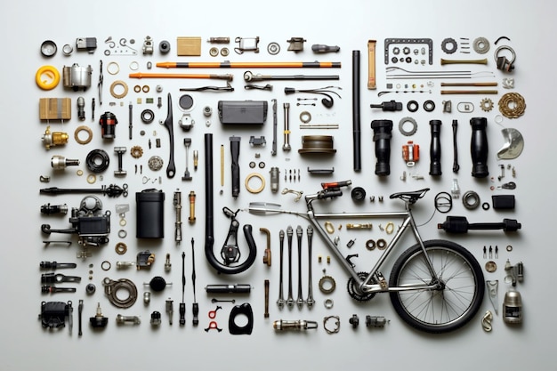 Raccolta di attrezzature per biciclette e pezzi su un'illustrazione di sfondo bianco