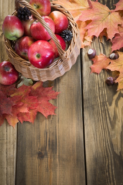 Raccolta di autunno, mele in cestino, foglie colorate d&#39;autunnali.