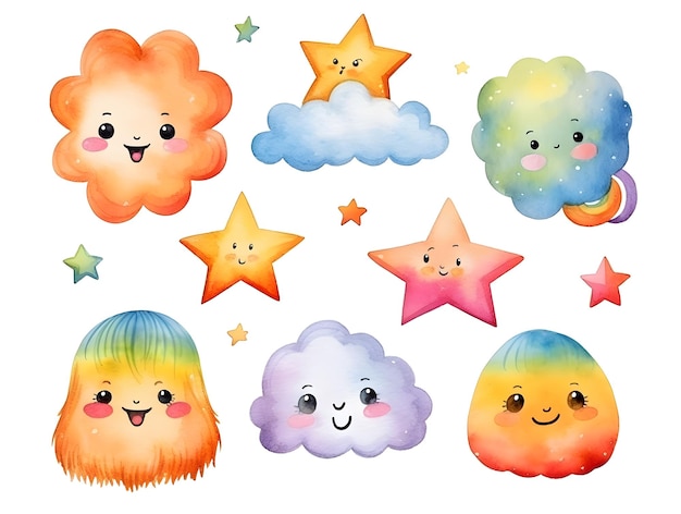 Raccolta di clipart arcobaleno carino con stelle acquerello in stile cartone animato e set di nuvole