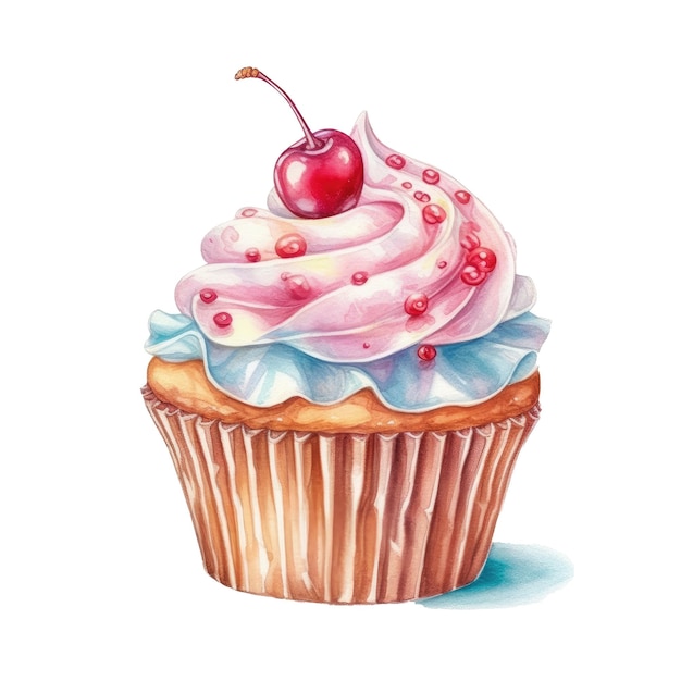 Raccolta di cupcakes con ingredienti diversi Set di torte dolci Illustrazione di dessertWatercolor colorato di torta con panna e frutti di bosco Ai generativa