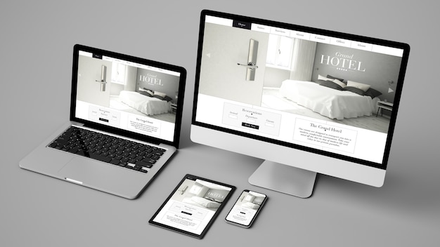 Raccolta di dispositivi isolata che mostra il rendering 3d del sito Web del grand hotel