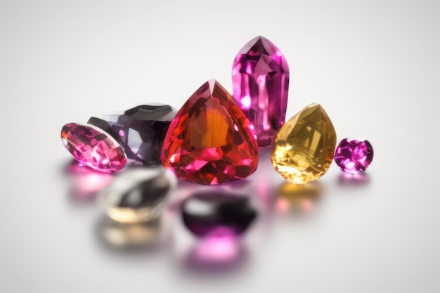 Raccolta di gemme e minerali su sfondo bianco gemme gialle viola rosse