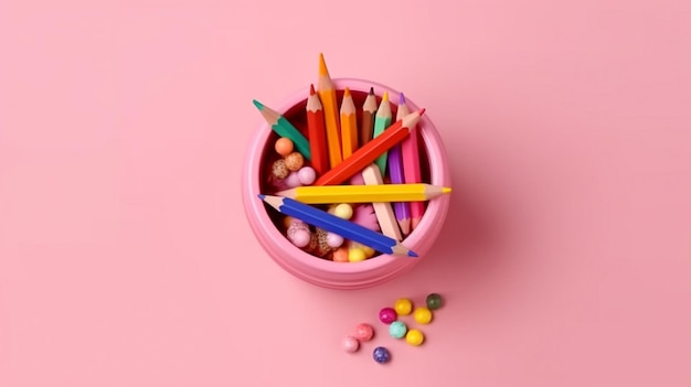 Raccolta di materiali scolastici su sfondo rosa ritorno all'idea scolastica GENERATE AI