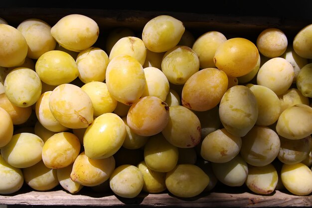 Raccolta di prugne gialle fresche. Frutti succosi dolci maturi in una scatola di legno si chiuda