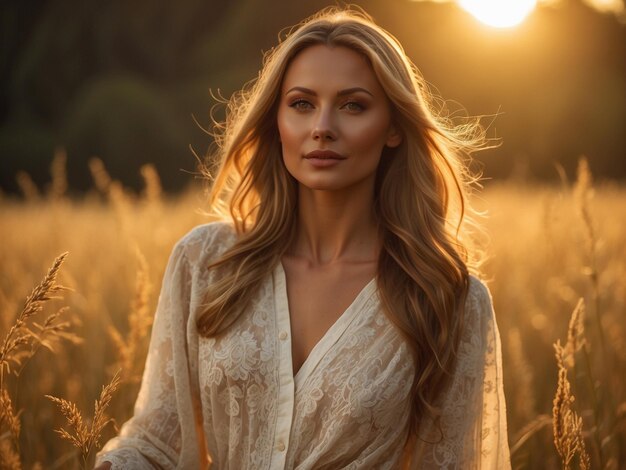 Raccolta di Radianza Ragazza bellissima in un campo di fattoria illuminato dal sole abbracciando la generosità di una giornata di sole durante la stagione del raccolto Perfetto per ispirazioni rustiche e organiche