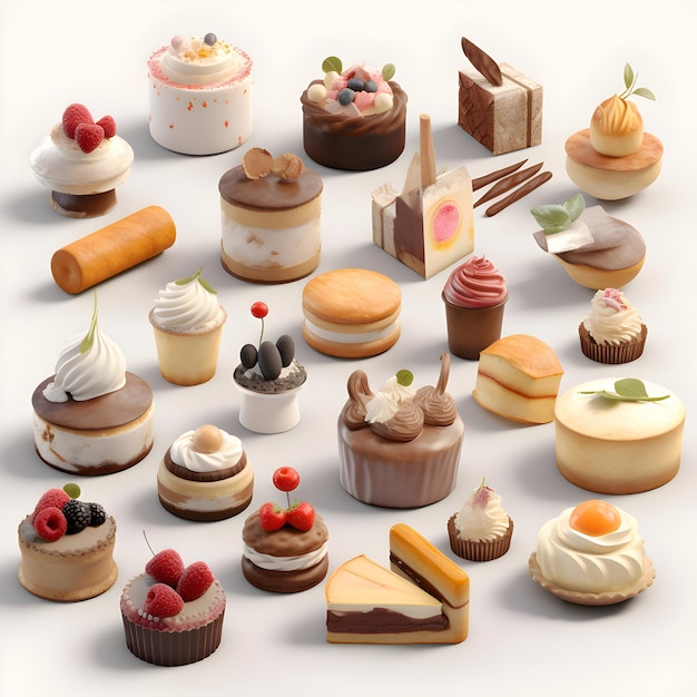 raccolta di torte diverse su uno sfondo bianco rendering 3d