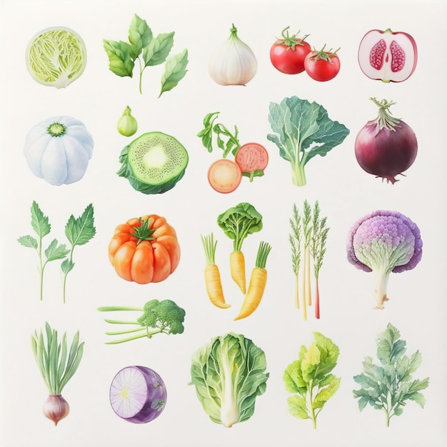 Raccolta di verdure ad acquerello piuttosto delicate Ogni verdura è di tipo diverso AI generativa