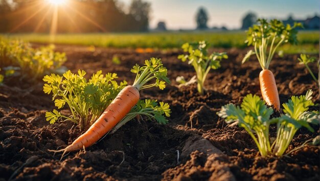 Raccolta fresca di carote sul terreno in un orto in una fattoria Permaculture Organica