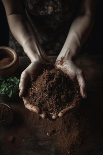 Raccolta la terra Due mani che tengono un mucchio di terra