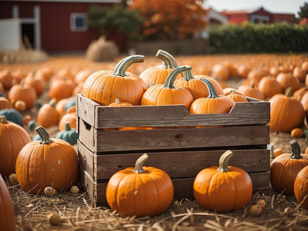 Raccolta le zucche Bounty in una scatola di legno al Pumpkin Patch