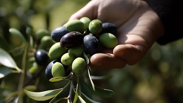 Raccolta manuale di olive verdi e nere sull'albero ramo