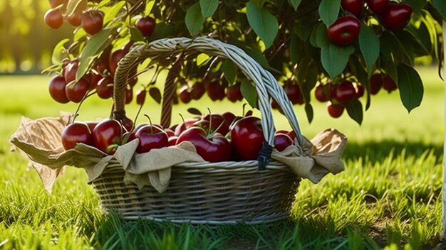 Raccolta mele rosse nel cesto giardino giorno soleggiato