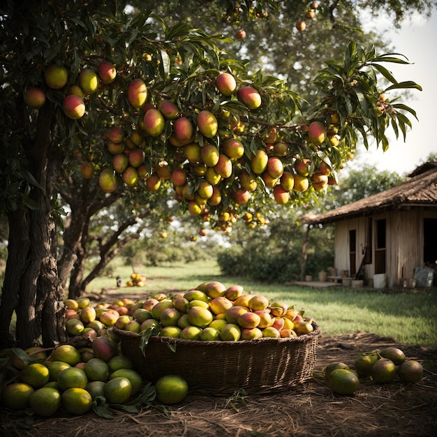 Raccolto abbondante Un albero di mango carico di frutti