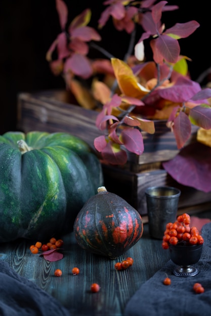 Raccolto autunnale di zucche su un tavolo di legno scuro con foglie di autunno