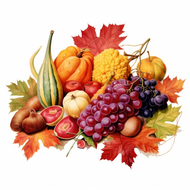 Raccolto autunnale in un cestino acquerello clipart AI generativa