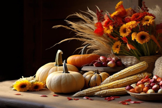 Raccolto autunnale zucche colorate e zucche fiori di mais su un tavolo