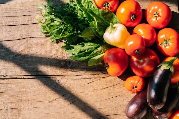 Raccolto di alimenti biologici Verdure mature pomodori rossi peperoni dolci melanzane giacciono su un tavolo di legno