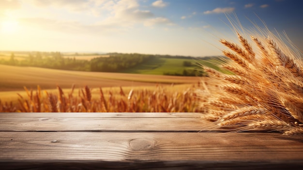 Raccolto di grano maturo e tavolo di legno vuoto con sfondo rurale Messa a fuoco selettiva sul tavolo Illustrazione di intelligenza artificiale generativa