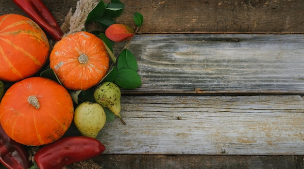 Raccolto di verdure autunnali su sfondo di legno spazio per la copia Banner del giorno del Ringraziamento