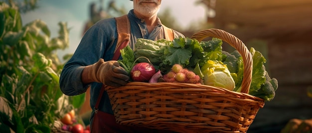 Raccolto di verdure nelle mani di un agricoltore maschio IA generativa