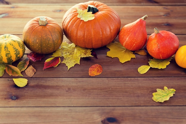 raccolto, stagione, pubblicità e concetto autunnale - primo piano di zucche e foglie su un tavolo di legno a casa