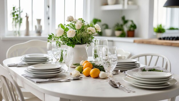 Racconta una storia attraverso l'obiettivo fotografando un tavolo bianco di cucina allestito per un pasto.