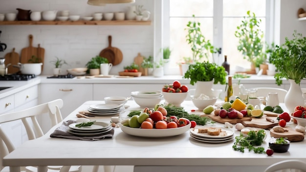 Racconta una storia visiva di un'avventura culinaria sul tuo tavolo bianco della cucina.